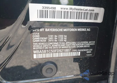 2015 BMW 535I из США, поврежденный, VIN WBA5B1C50FD921887